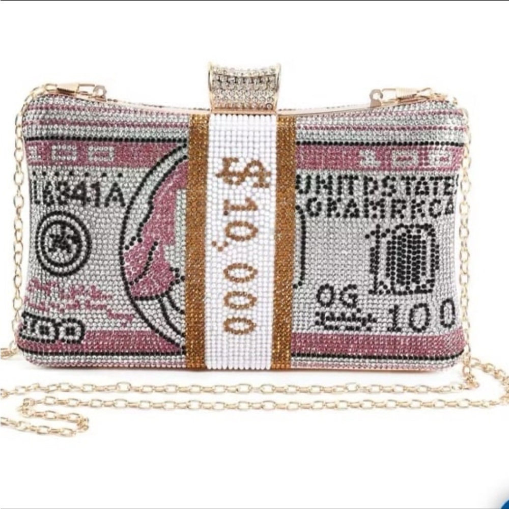 Rose pink crystal dollar clutch